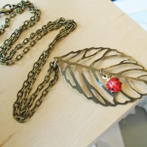 Ladybug Necklace Brass Leaf Pendant with Red Lady Ladybug Gardner Necklace Jewelry Ladybug Jewelry