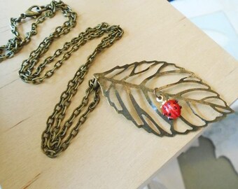 Ladybug Necklace Brass Leaf Pendant with Red Lady Ladybug Gardner Necklace Jewelry Ladybug Jewelry