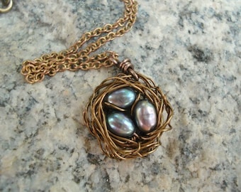 Bird Nest Necklace Peacock Necklace, Copper Chain Necklace Nest Jewelry Peacock Nest Pendant