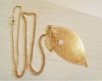 Gold Leaf Necklace Long Chain with Crystal Large Leaf Pendant Layering Necklace Jewelry