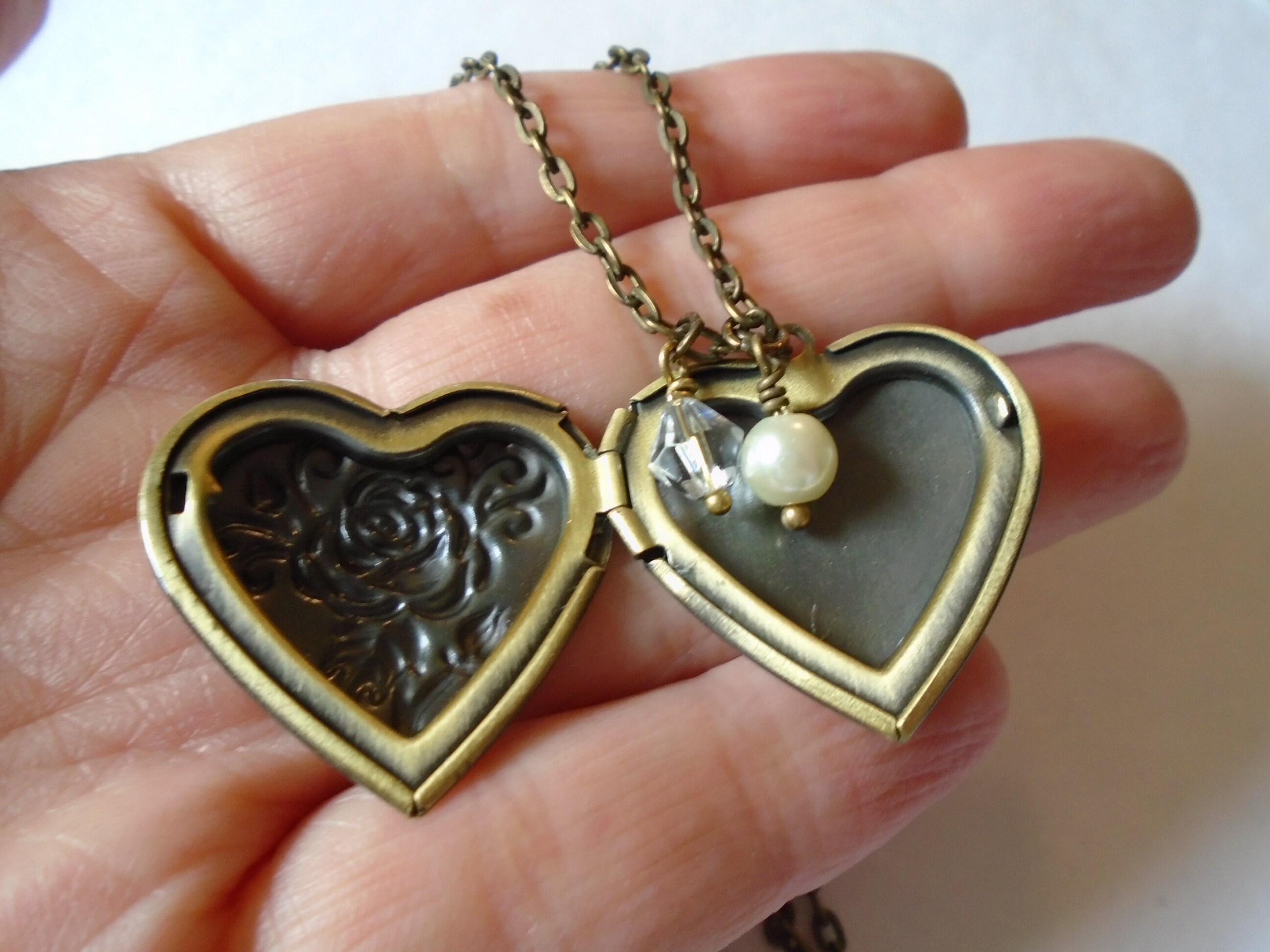 Heart Locket Necklace With Rose Pearl and Crystal Valentines