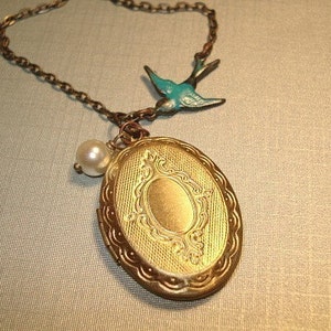 Blue Bird Locket Necklace Brass Oval Locket Vintage Locket Locket and Pearl Necklace Jewelry