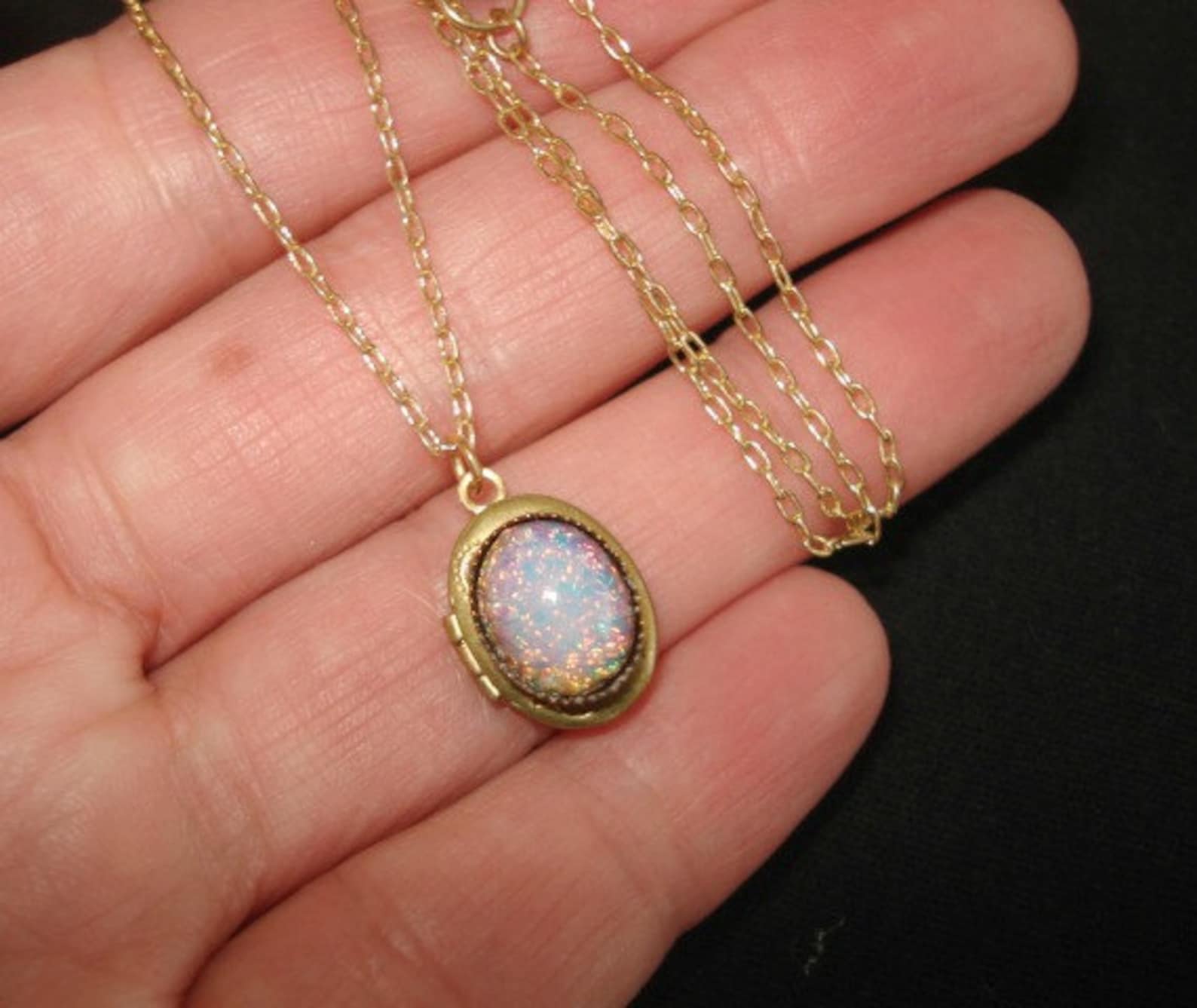 Opal Necklace Opal Locket Brass Locket Fire Opal Gold Chain Etsy