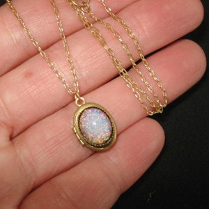 Opal Necklace Opal Locket Brass Locket Fire Opal Gold Chain Opal Jewelry image 3