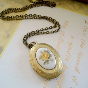 Yellow Rose Locket Gold Oval Locket Necklace Yellow Rose Cameo Limoge Locket Flower Locket Bridesmaids Jewelry image 1