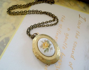 Rose Locket Gold Oval Locket Necklace Yellow Rose Cameo Limoge Locket Flower Locket  Mothers Day Jewelry