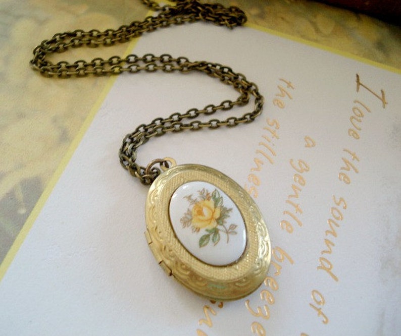 Yellow Rose Locket Gold Oval Locket Necklace Yellow Rose Cameo Limoge Locket Flower Locket Bridesmaids Jewelry image 1