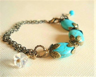 Turquoise Bracelet Brass Turquoise Chain Bracelet Brass Turquoise Jewelry