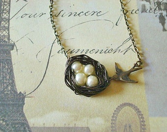 Bird Nest Necklace Pearl Necklace Birdsnest Necklace Mom Necklace Mom Child Necklace