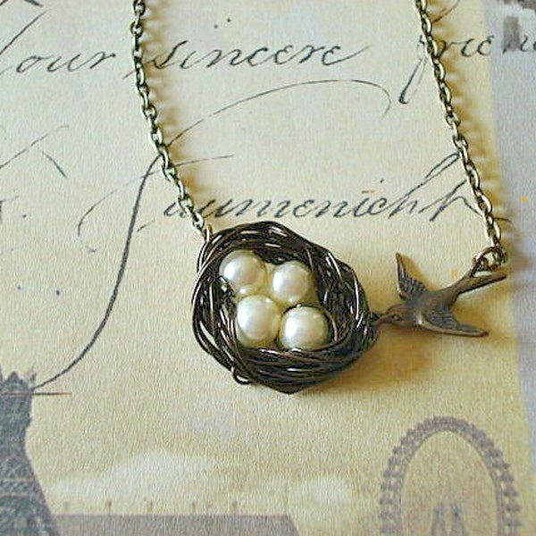 Bird Nest Necklace Pearl Necklace Birdsnest Necklace Mom Necklace Mom Child Necklace