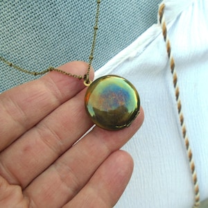 Vintage Brass Locket on Satellite Chain Round Brass Locket Gift for Her Keepsake Necklace Oxidized Dark Locket