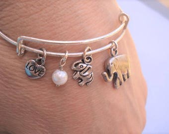 Elephant Bangle Silver Bracelet Elephant and Baby Elephant Jewelry