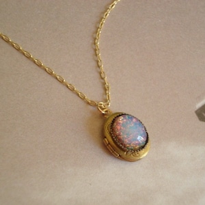 Vintage Brass Locket Opal Necklace, Fire Opal Gold Chain