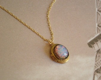 Opal Necklace Opal Locket Brass Locket Fire Opal Gold Chain Opal Jewelry