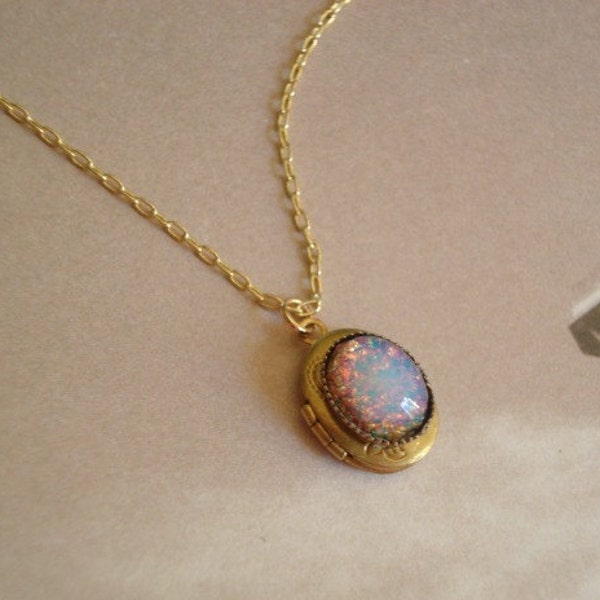 Opal Necklace Opal Locket Brass Locket Fire Opal Gold Chain Opal Jewelry