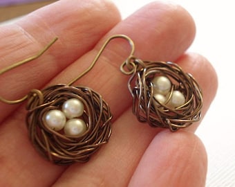 Bird Nest Earrings Brass Nest Earrings Pearl Earrings Bird Nest Earrings Wire Egg Nest Earrings Jewelry