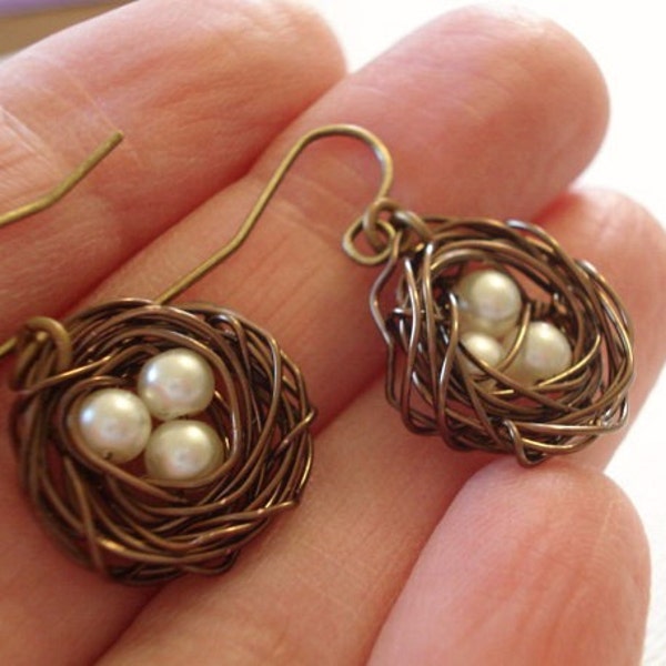 Bird Nest Earrings Brass Nest Earrings Pearl Earrings Bird Nest Earrings Wire Egg Nest Earrings Jewelry