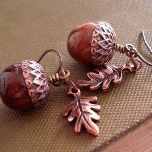 Copper Acorn Earrings: Rustic Oak Leaf Jewelry Thanksgiving Jewelry