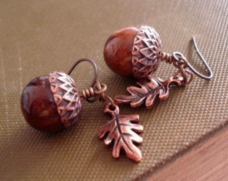Acorn Earrings Acorn Jewelry Copper Acorn Earrings Rustic Acorn Oak Leaf Earrings Jewelry image 1