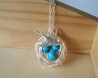 Bird Nest Necklace Mothers Day Gift Turquoise Necklace Mom Necklace Child Nest Necklace Robins Nest Bird Necklace Jewelry Bird Jewelry