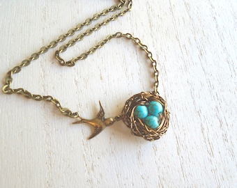 Brass Bird Nest Necklace with Turquoise Beads – Wire Wrapped Robins Nest Jewelry