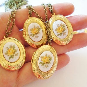 Yellow Rose Locket Gold Oval Locket Necklace Yellow Rose Cameo Limoge Locket Flower Locket Bridesmaids Jewelry image 2