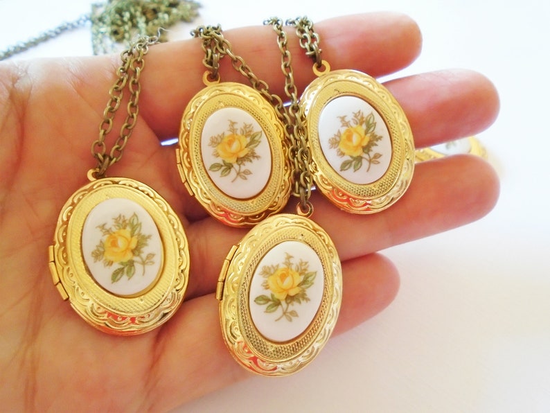 Yellow Rose Locket Gold Oval Locket Necklace Yellow Rose Cameo Limoge Locket Flower Locket Bridesmaids Jewelry image 2