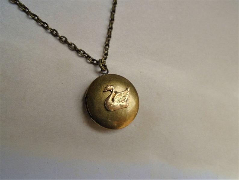 Swan Locket Necklace Brass Antiqued Round Swan Necklace Swan Jewelry image 3