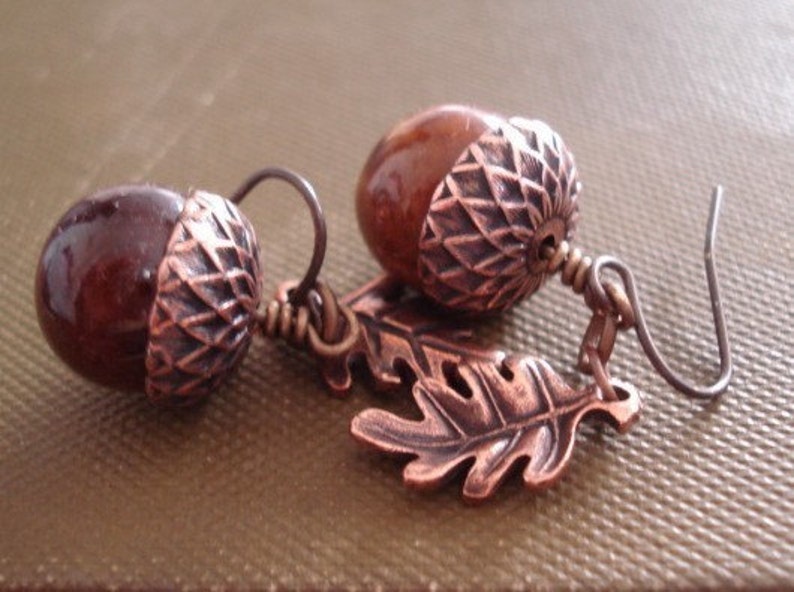Acorn Earrings Acorn Jewelry Copper Acorn Earrings Rustic Acorn Oak Leaf Earrings Jewelry image 3