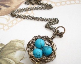 Bird Nest Necklace Turquoise Necklace Gift For Mom Nest Jewelry Mom Necklace Birdnest Jewelry