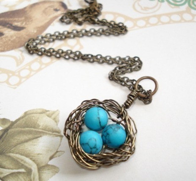 Bird Nest Necklace Turquoise Necklace Gift For Mom Nest Jewelry Mom Necklace Birdnest Jewelry image 1