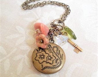 Flower Locket Necklace Secret Brass Key with Flowing Flowers Necklace Jewelry Keepsake Necklace