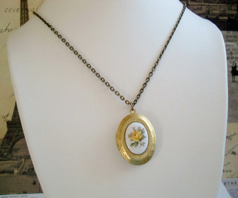 Yellow Rose Locket Gold Oval Locket Necklace Yellow Rose Cameo Limoge Locket Flower Locket Bridesmaids Jewelry image 4