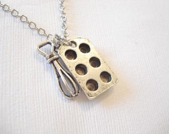 Bakers Necklace Cupcake Pan Necklace Whisk Pendant Cooking Jewelry Chef Jewelry