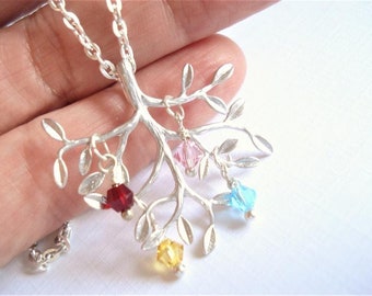 Birthstone Necklace Mother's Day Necklace Family Tree Silver Tree Pendant Jewelry Mom Child Gift Tree of Life Necklace Family Jewelry