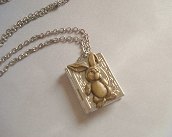 Rabbit Necklace Book Locket Silver Bunny Necklace Photo Locket Silver Book Locket Rabbit Jewelry