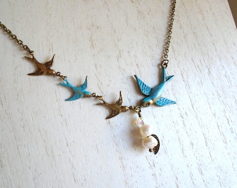 Hand-Painted Brass Bird Necklace with Pearls, Antiqued Chain Jewelry