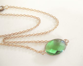 Green Glass Stone Necklace Light Green Faceted Gold Oval Pendant Gemstone Necklace