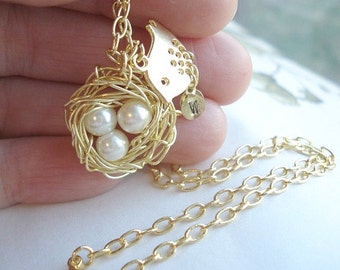 Bird Nest Necklace Gold Nest Personalized Necklace Monogrammed Necklace Mom Child Necklace