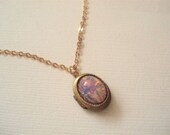 Opal Locket Oval Necklace October Birthstone Vintage Harlequin Fire Opal Raw Brass Locket Tiny Locket with Rose Gold Chain Jewelry