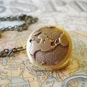 World Locket Necklace Vintage Locket Necklace Travel Locket Brass Globe Map Locket Earth Round Locket Globe Map Long Brass Chain Jewelry image 1