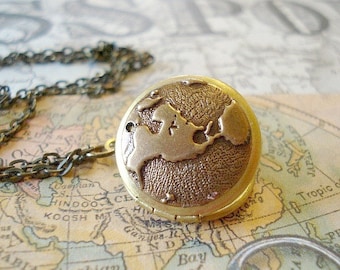 Vintage World Locket Necklace: Brass Globe Map, Long Chain