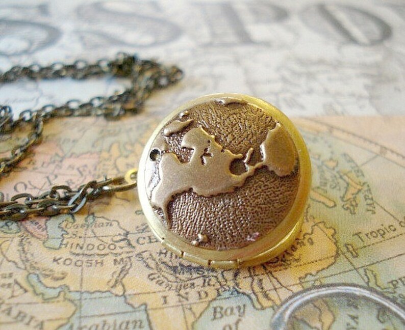 World Locket Necklace Vintage Locket Necklace Travel Locket Brass Globe Map Locket Earth Round Locket Globe Map Long Brass Chain Jewelry image 1