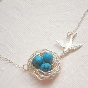Silver Bird Nest Necklace with Turquoise Eggs – Mothers Jewelry (17" Chain)