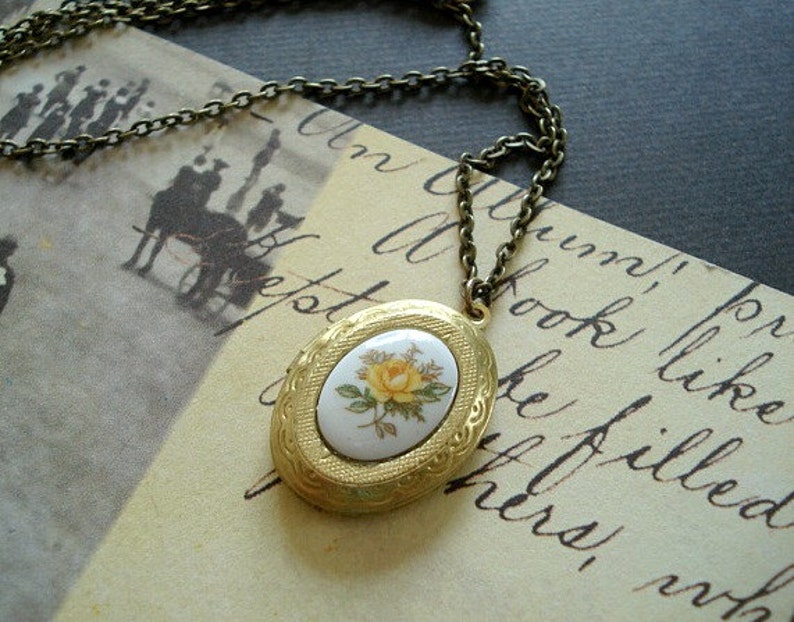 Yellow Rose Locket Gold Oval Locket Necklace Yellow Rose Cameo Limoge Locket Flower Locket Bridesmaids Jewelry image 3