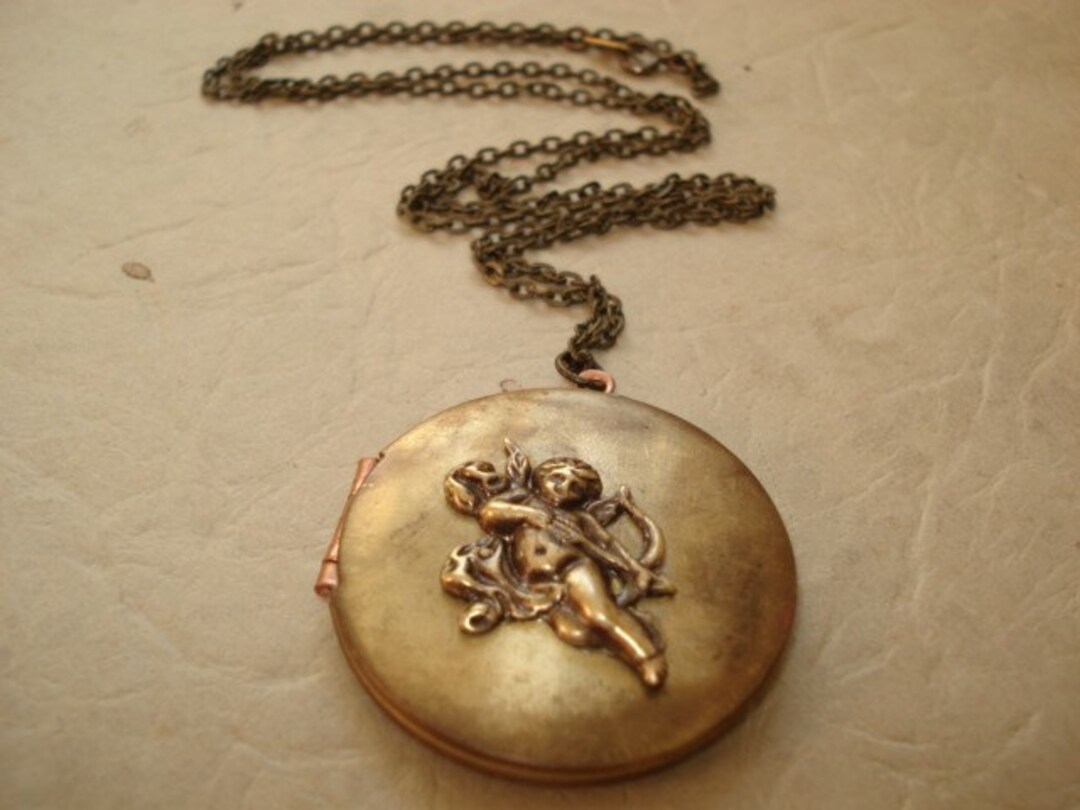 Cherub Necklace Angel Locket Necklace Cupid Necklace Vintage Brass