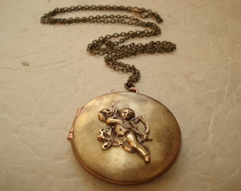 Vintage Brass Cherub Locket Necklace, Cupid Angel Charm Pendant