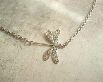 Silver Dragonfly Necklace, Detailed Pendant, Rhodium Chain, Everyday Jewelry