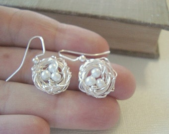 Silver Nest Earrings Pearl Birdnest Earrings Gift For Her Mom