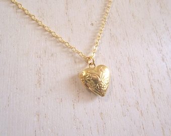 Dainty Gold Heart Locket Necklace: Engraved Pendant, Silver Chain